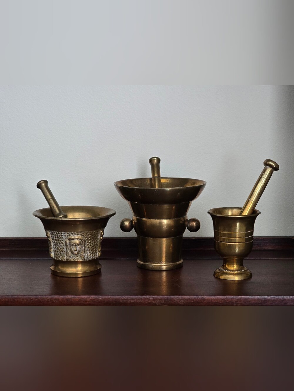 Collection Of 3 Antique And Vintage Solid Brass Mortars And Pestles